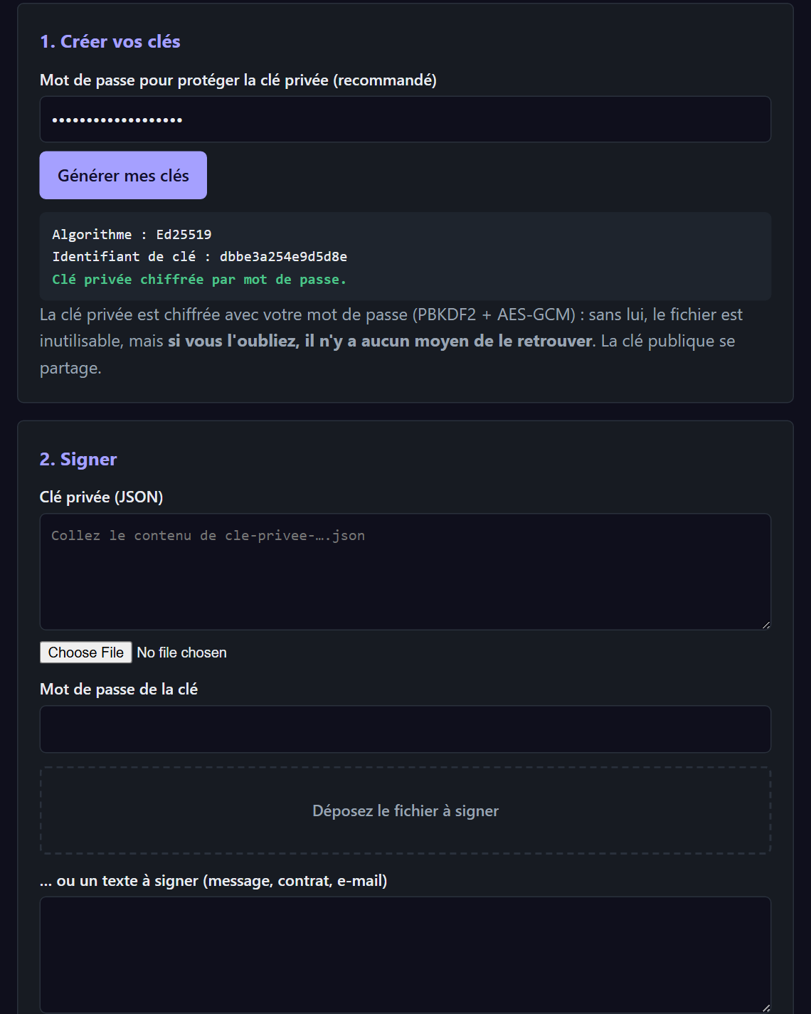 Capture de CryptoSign : paire de clés générée, clé privée protégée par mot de passe